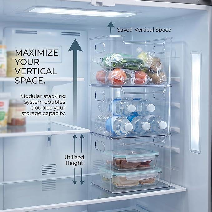 Thickened Crystal Clear Freezer Storage Bins, Multipurpose Freezers Handles Storages Bins, Stackable Deep Crystal Freezer Storage Cold Easy To Clean For Every Room(2S Clear+2S Green)