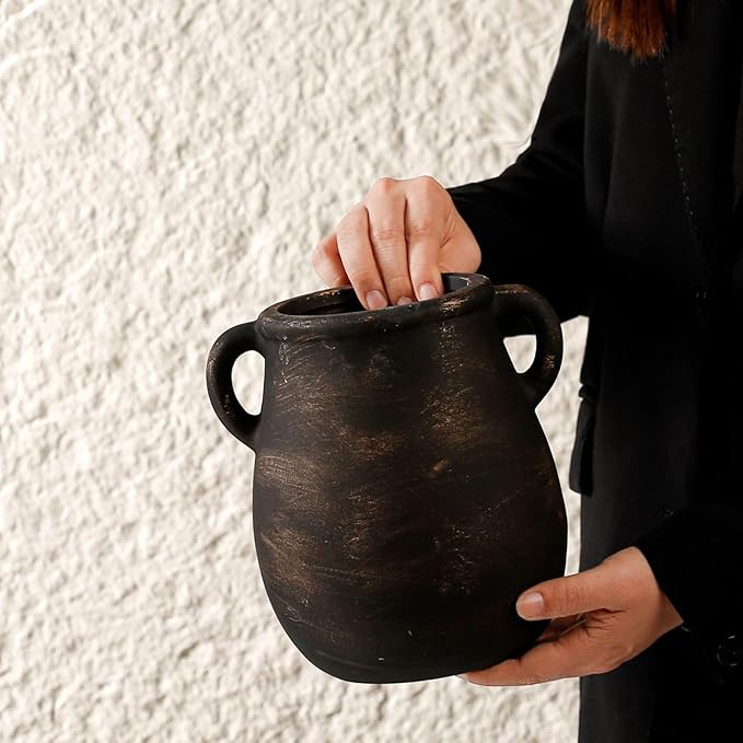 Rustic Kitchen Utensil Holder for Countertop, Ceramic Utensil Crock for Kitchen Counter,Farmhouse Spatula Organizer for Countertop, Vintage Crock Decor, Ideal Housewarming Gift (Black)