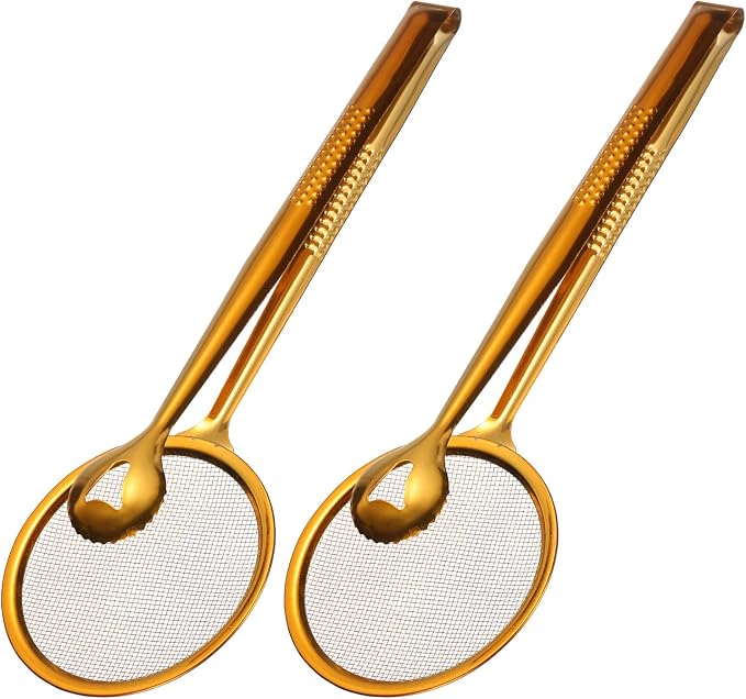 uxcell 2Pcs Stainless Steel Strainer Tongs, 11.2" Multi-Functional Food Strainer with Clip Fine Mesh Oil Filter Skimmer Hot Pot Clips for Kitchen Tool Restaurant Frying Cooking, Red