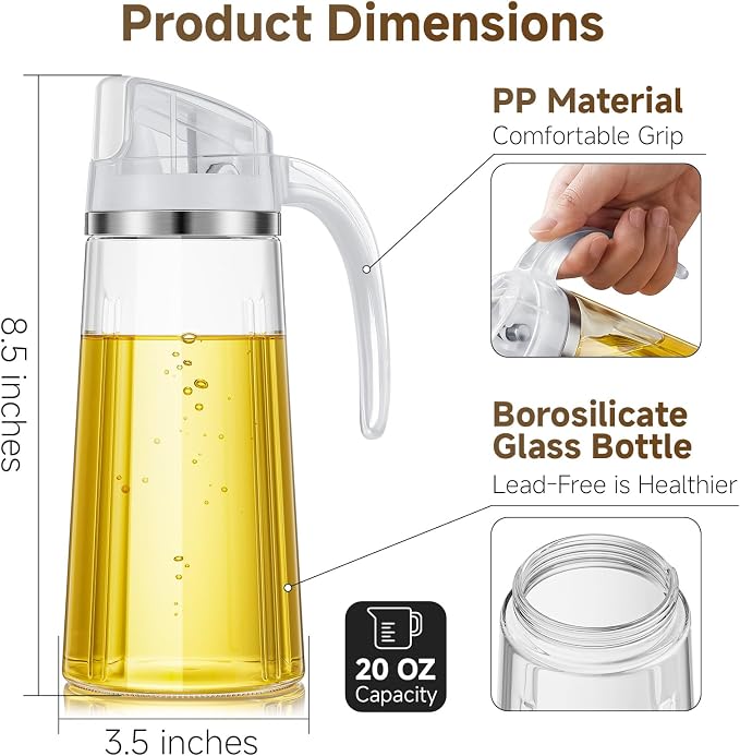 Marbrasse Oil Dispenser for Kitchen,20 OZ /600ml Leakproof Glass Oil Bottle with Auto Flip Cap,Olive Oil Container for Kitchen Cooking (White)