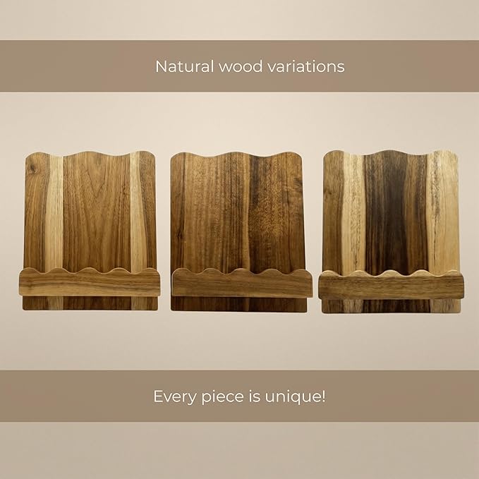Beautiful Wooden Cookbook Stand for Your Kitchen Counter – Solid Wood Scalloped Book Holder Keeps Cookbooks & Tablets Open, Stable 2-Piece Slot Design, Easy-Clean, Perfect for Everyday Cooking