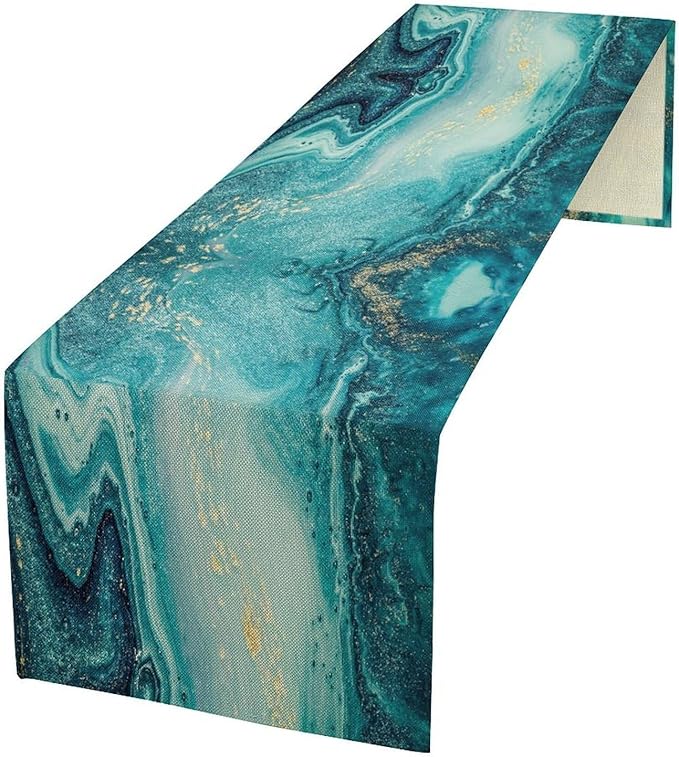 Marble Table Runner, Abstract Teal Modern Luxury Texture Printed Linen Table Runners for Living Room Farm Kitchen Dining Room Party Holiday Home Decor 13" W x 48" L