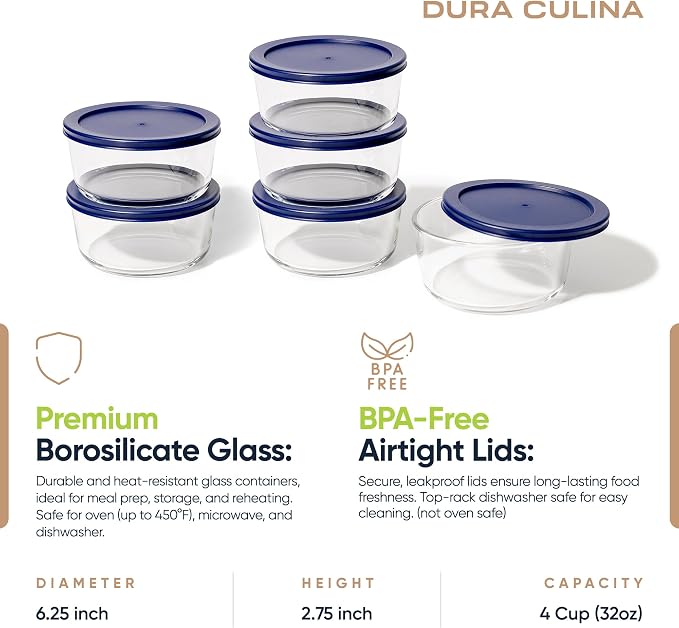 12-Piece Glass Food Storage Containers Set (6 Containers + 6 BPA-Free Lids) | 4-Cup, Leakproof | Microwave, Freezer, Oven & Dishwasher Safe | Ideal for Meal Prep & Pantry Organization, Blue