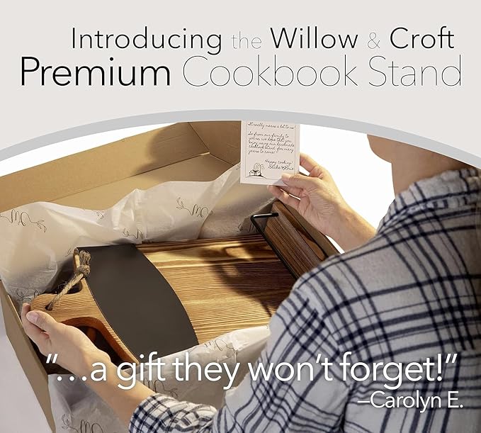 Willow & Croft Premium Cook Book Stand. Farmhouse Cutting Board Stand Cookbook Holder, Recipe Book Holder. Distressed Cookbook Stand for Kitchen Counter. Rustic Home Decor, Adjustable Display Stand.