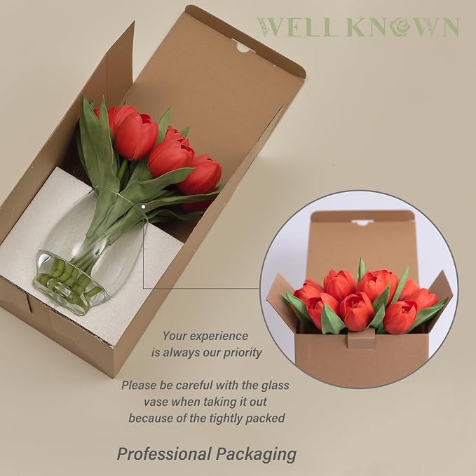 WELL KNOWN 12 Pcs Fake Red Tulips Artificial Flowers in Vase with Faux Water, Real Touch Foam Tulips Arrangements with Vase for Home Office Decor, Dining Table Wedding Centerpiece (Coral Red)