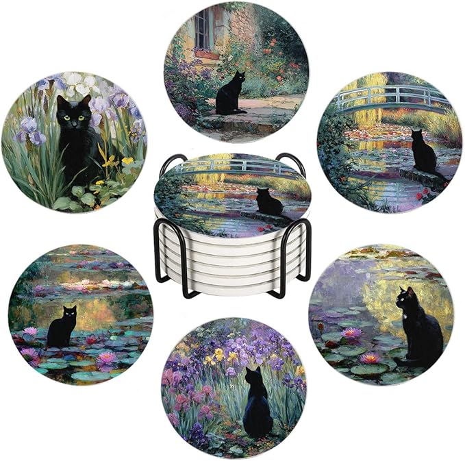 Drink Coasters for Drinks Set of 6, Water Lilies Art and Black Cat Absorbent Round Ceramic Stone Mat Coaster, with Cork Base and Metal Holder, Home Bar Decor House Warming Gift