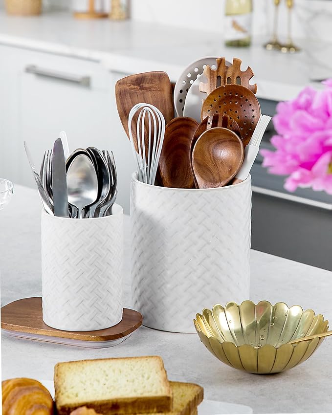 Nucookery Utensil Holder for Kitchen Counter, White Large Stable Ceramic Cooking Utensil Crock for Countertop Organizer, Farmhouse Decor,Set of 2, 7.1"&5.4", Christmas Thanksgiving Gift, Woven Pattern