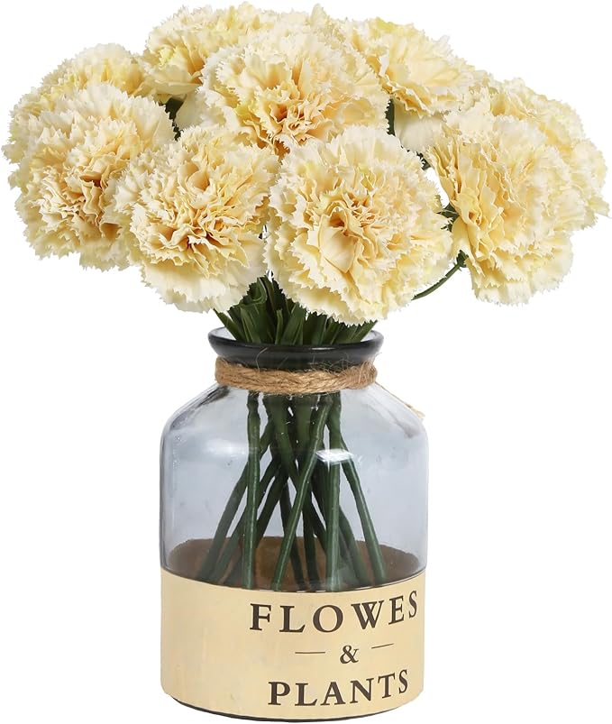 Artificial Carnation Flowers - 15pcs Fake Yellow Silk Flowers with Stems for Home Decor, Wedding, Bridal Bouquet, Anniversary, Birthday Floral Arrangements