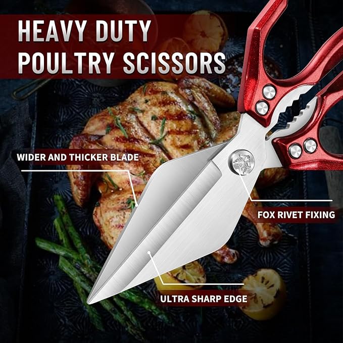 Dream Reach Poultry Shears - Heavy Duty Kitchen Scissors for Food with Ergonomic Handle, Japanese High-Carbon Steel Culinary Shears for Chicken, Meat, Seafood, Bone Cutting, Gifts (Red)