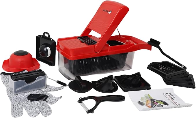 26-in-1 Vegetable Chopper and Slicer Set, Red, Multifunctional Food Chopper with Container, 13 Interchangeable Blades, Safety Glove, Kitchen Mandoline Slicer (RED)