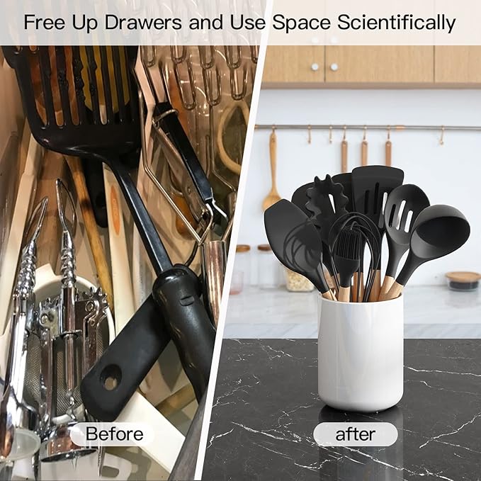 LATCHHOOK White utensil holder for Countertop, Glossy White Ceramic Utensil Holder for Kitchen Counter Easy to Clean, Modern Small Cooking Utensil Holder Spatula Crock for Décor, 4.5×6.4 IN