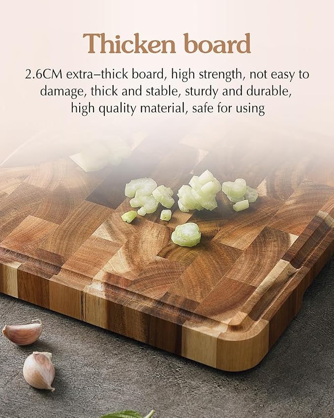 XINZUO Acacia Wood End Grain Cutting Board (13.8''L x 9.8''W x 1''T)-Wooden Chopping Board with Non-Slip Feet, Side Handles and Juice Groove