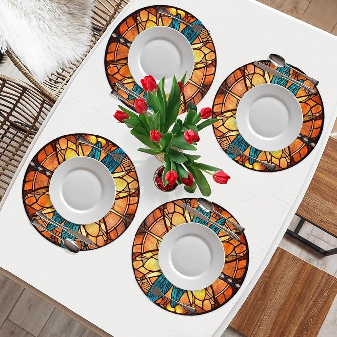 Round Placemats Set of 6, Dragonfly Glass Background Woven Placemats Mats Non-Slip Heat Resistant Washable Table Mats Round Braided Place for Farmhouse Kitchen Dining Party Decor 15in