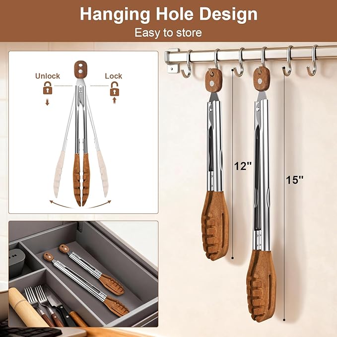 2 Pack 3-in-1 Wooden Tongs for Cooking(12", 15") Natural Walnut Wood kitchen Tongs, Nonstick Heat Resistant Cooking Tongs for Serving, Pasta, Salad, Grilling | Stainless Steel Non-Slip Grip, Pull Lock