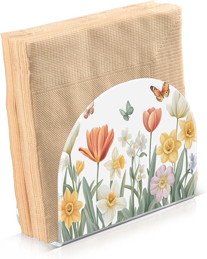 Tulips Daffodils Spring Flowers04 Napkin Holder for Tables Paper Cocktail Napkin Holders for Kitchen Dinning,Acrylic Dinner Napkin Dispenser for Restaurant Home Decor Bar Accessories 1 Pack