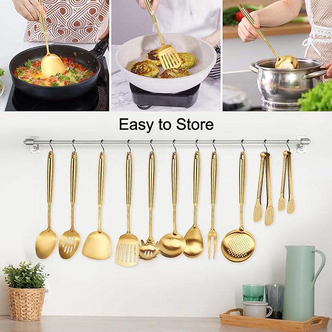 304 Gold Cooking Utensils Set, 11PCS Stainless Steel Kitchen Utensils Set, Metal Kitchen Utensils Set Include Meat Fork, Tongs, Turner, Soup Ladle, Dishwasher Safe