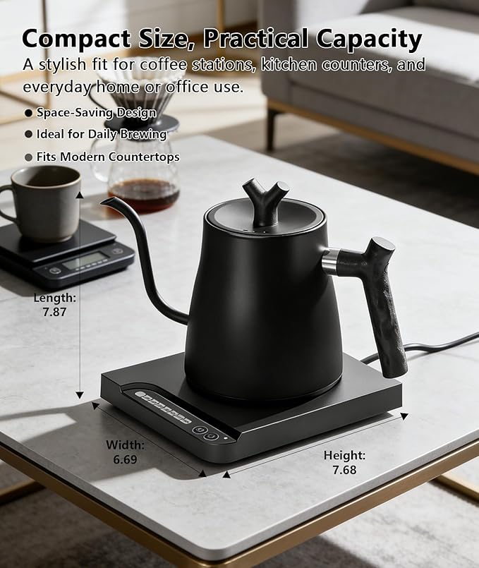 Gooseneck Electric Kettle, 1.0L Pour Over Coffee Kettle with Variable Temperature Control, 1200W Fast Heating, Keep Warm, 100% Stainless Steel Interior, Matte Black