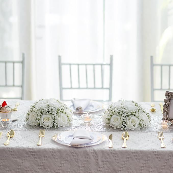 BLOSMON White Flower Balls for Centerpieces: 2 Pcs Rose Babys Breath Artificial Flowers Centerpiece for Home Table Decor - Faux Silk Kissing Floral Arrangements for Wedding Party Event Decoration