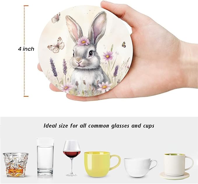 Easter Cute Bunny Rabbit Coasters Set of 6 for Drinks, Round Absorbent Ceramic Stone Coaster with Metal Holder, Pink Daisy Spring Coasters with Cork Base for Coffee Party Home Decor Gifts