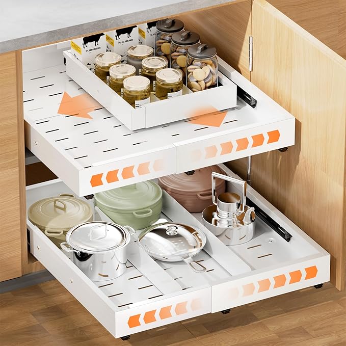 Pull out Cabinet Organizer Expandable W(12"-20") and D(16"-22"), No Drill Adjustable Slide Out Drawers With 3 Slide Rails, 2Pcs Magnetic Panel, Adhesive Roll out Shelves for Kitchen, Cabinets, Pantry