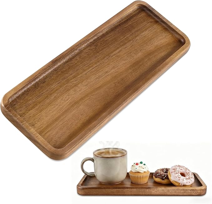 Small Wooden Tray | Acacia Wood Tray for Vanity, Bathroom Counter, Coffee Table & Toilet | Perfect for Jewelry, Remote, Perfumes & Catch All | Mini Charcuterie Board Serving Platter (Rectangular)