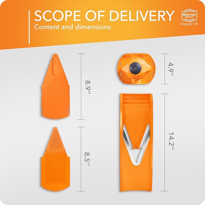 Börner Mandoline Slicer V1 (Basis Set) • V-Slicer with 2 Inserts & Fruit Holder • Adjustable Kitchen Slicer for Vegetables & Fruits • Vegetable Cutter • 3 Thickness Settings • Color: Orange