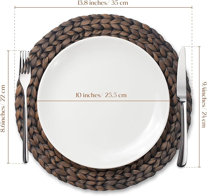 6 Pack, Round Woven Placemats, Natural Water Hyacinth Wicker Place mats, Braided Straw Table Mats for Dining Table, Fall, Halloween, Thanksgiving, Chrismats, Black (13.8 inch)