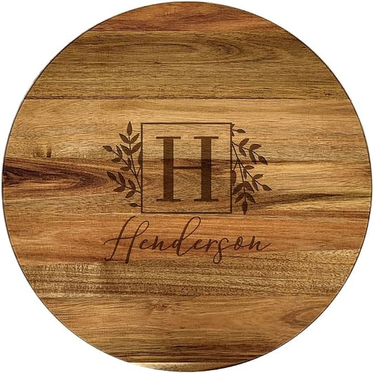 Engraved Name and Initial Personalized Lazy Susan, 16" Rotating Tray Brown