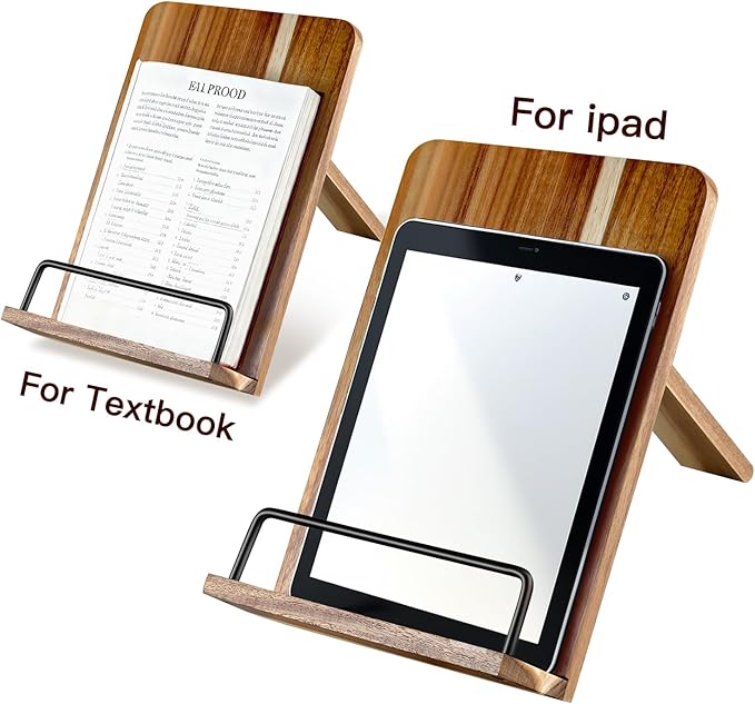 Acacia Wood Cookbook Stand for Kitchen Counter - Adjustable Recipe Book Holder & Tablet Stand - Heavy Duty Hands-Free Bookstand for Large Cookbooks, iPad & Bible - Rustic Farmhouse Decor