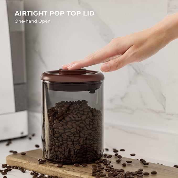 Amber Glass Coffee Canister 2-Pack with Pop Lid & 1-Way Valve - Airtight Container with UV Protection to Lock in Freshness - Storage for Coffee Beans, Ground Coffee & Dry Food, 15OZ
