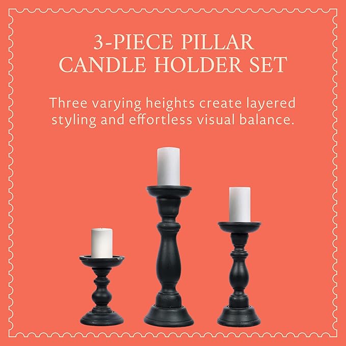 Mela Artisans 6”, 9” & 12” Mango Wood Pillar Candle Holder Set of 3 – Tuli Design Matte Black – Wooden Candle Holders for Table, Mantel & Living Room Décor