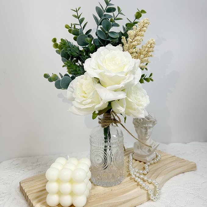 Faux Flowers with Vase, Artificial Roses in Vase, Fake Plant Eucalyptus Flower Arrangement for Home Office Farmhouse Dining Table Centerpiece Decorations Coffee Table Decor (White)
