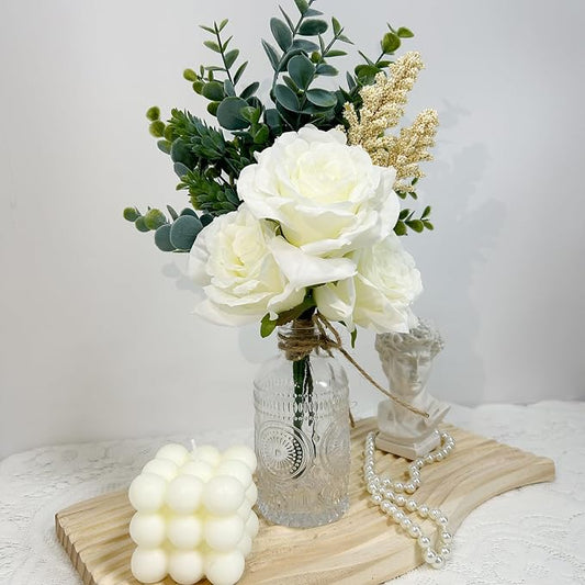 Faux Flowers with Vase, Artificial Roses in Vase, Fake Plant Eucalyptus Flower Arrangement for Home Office Farmhouse Dining Table Centerpiece Decorations Coffee Table Decor (White)