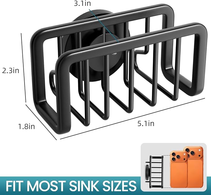 TAILI Sink Caddy with Strong Suction Cup, Sponge Holder for Kitchen Sink Oganizer, Removable Rustproof Aluminum Sponge Holder, Dish Brush for Scraper - Black