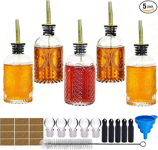Glass Coffee Syrup Dispenser Bottles Set - 5 Pack 8oz Vintage Embossed Simple Syrup Bottles with Pour Spouts, Labels, Funnel 、Cleaning Brush, Perfect for Coffee Bar, Cocktails, Liquor,Coffee Syrups