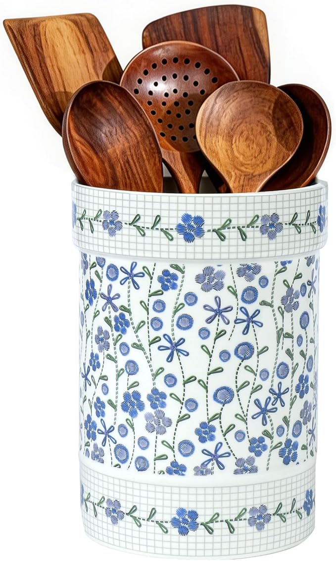 Ceramic Utensil Holder for Counter,Utensil Crock with Blue Floral Pattern for Countertop,Kitchen Organizer for Spoons,Whisks,Spatulas,Farmhouse Kitchen Decorative Accessories
