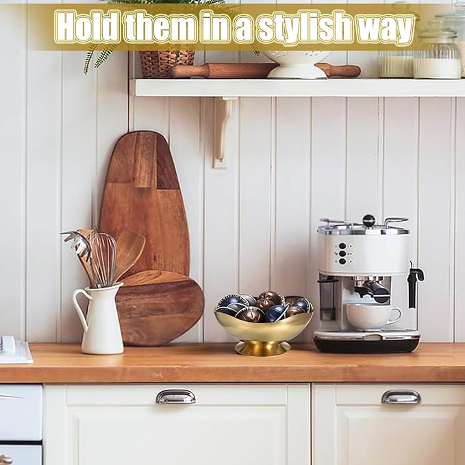 ELLDOO Coffee Pod Holder, 7.1inch Gold Metal Coffee Pod Storage for K Cup Nespresso Vertuo Keurig, Creamer Organizer Candy Bowl Fruit Snacks Jar for Countertop Kitchen Breakroom