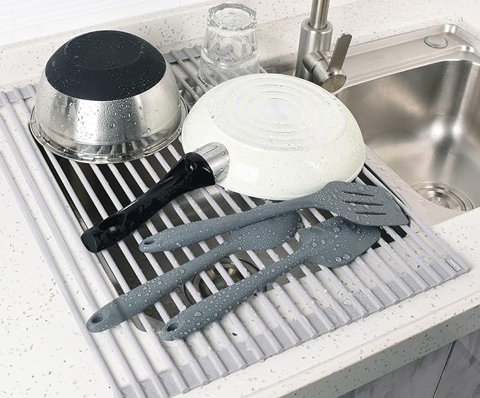 Surpahs 20.5 x 15.5 Inch Roll-Up Dish Drying Rack, Fits Across Sink Openings up to 19.5 Inches, Heavy-Duty Premium Silicone, Strong Support, Non-Slip, Heat-Resistant, Warm Gray