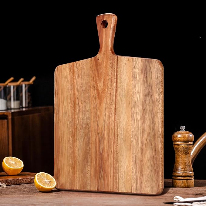 Large Acacia Wood Cutting Board with Handle Wooden Charcuterie Board Kitchen Chopping Block for Meat Cheese Vegetable Bread Fruit Serving Boards Wood Butcher Block Carving Board, 17" X 13"