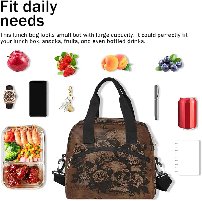 Pardick Skull Skeleton Vintage Insulated Lunch Bag for Women Girl Reusable Lunch Tote Box With Shoulder Strap Lightweight Thermal Cooler Meal Prep Bag for Work School Office Picnic
