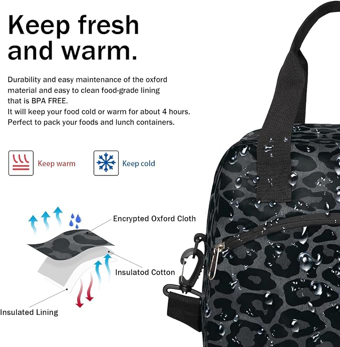 Pardick Cheetah Leopard Black Insulated Lunch Bag for Women Girl Reusable Lunch Tote Box With Shoulder Strap Lightweight Thermal Cooler Meal Prep Bag for Work School Office Picnic