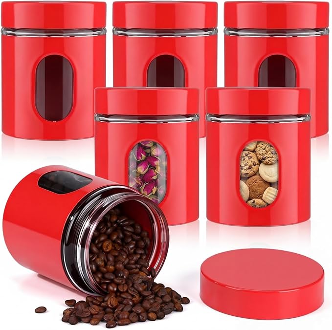 6 Pack Kitchen Canisters Set 20 oz Airtight Stainless Steel Canister Food Storage Container with Window Glass, Coffee Sugar Candy Jars Tea Organizer for Flour Cookies Spices Grains Kitchen(Red)