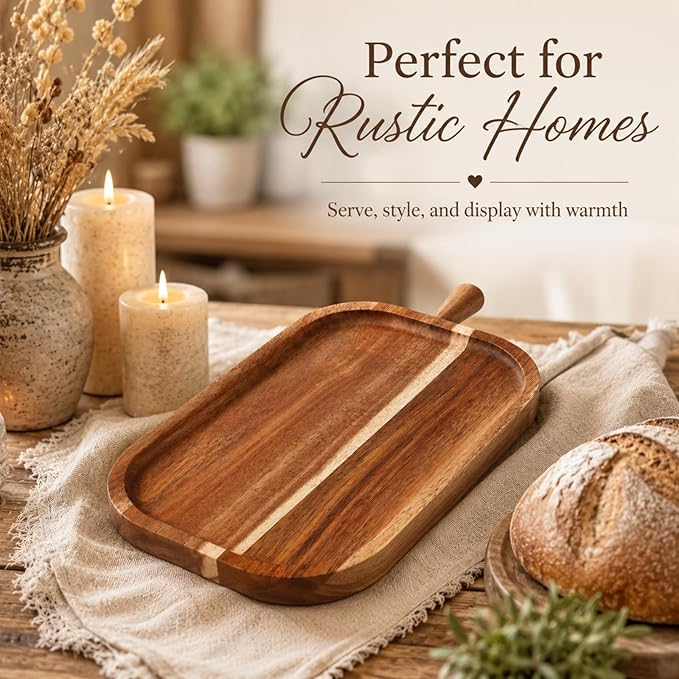 Acacia Wood Serving Board with Raised Tapered Handle, Small Charcuterie Board for Two, Rectangular Cheese Tray for Snacks, Fruit, Meat, Bread, Appetizer, Mom Gift(16''l X 7.65''w X 1.25''d)