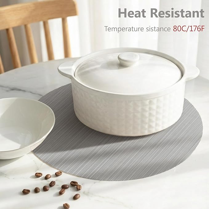 AHHFSMEI Round Placemats Set of 6 Woven Vinyl Non-Slip Heat Resistant Stain Resistant Easy Clean Place mats for Dining Table(Grey)