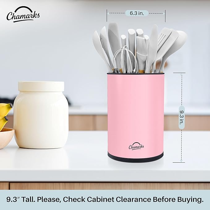 3-in-1 Kitchen Utensil Holder for countertop with Knife Block and Silverware Caddy. (Pink)