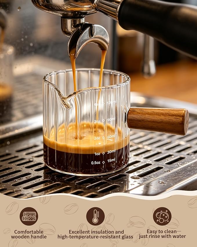 2 Pack Espresso Measuring Cups, 4oz Borosilicate Glass Espresso Shot Glasses with Wood Handle, V-Shaped Spout Ribbed Milk Frothing Cup, Measuring Cup for Coffee, Latte, Cappuccino, Tea, Syrup