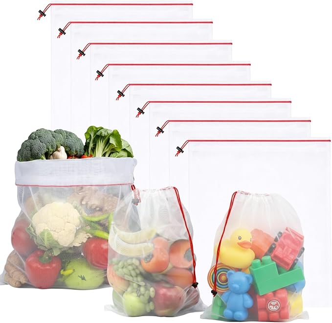 8 Pack Eco Friendly Reusable Mesh Produce Bags Washable Durable Mesh Produce Bags Drawstring with Colorful Tare Weight Tags