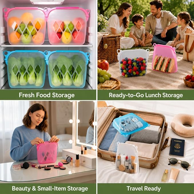 Yosmer Reusable Silicone Food Storage Bag, 50oz/1500ml Food-Grade Silicone Stand-Up Bag with Magnetic Self-Sealing Opening, Clear Windows, Freezer & Dishwasher Safe, White, 1 Pack