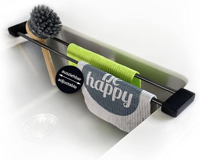 Sanni Shoo drip.line Pure drip Tray/Rack, Practical, Multifunctional Kitchen Rack for Storing dishcloths and Brushes, drip Drying Bottles, extendable, Heat-Resistant (Black Steel Edition, Pure)
