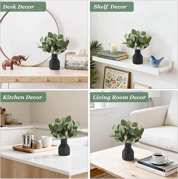 Dahey Artificial Eucalyptus Stems in Small Ceramic Vase Centerpiece Table Decorations Modern Farmhouse Decor Fake Eucalyptus Plants with Vase for Bathroom Kitchen Shelf Living Room Home Decor, Black
